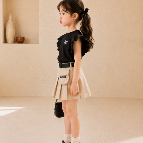 Trendy Kids Party Wear Dress Set for Girls – Stylish Top with Pleated Skirt & Belt | Birthday & Special Occasion Outfit