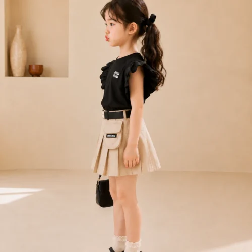 Trendy Kids Party Wear Dress Set for Girls – Stylish Top with Pleated Skirt & Belt | Birthday & Special Occasion Outfit