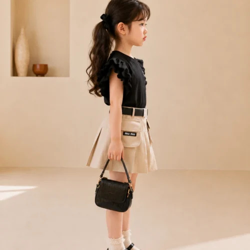 Trendy Kids Party Wear Dress Set for Girls – Stylish Top with Pleated Skirt & Belt | Birthday & Special Occasion Outfit