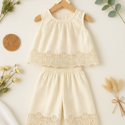 Ellenber Girls Party Wear Dress | Elegant Lace Embroidered Sleeveless Top & Palazzo Set  | Kids Fashion Outfit for 2–6 Years