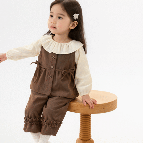 Ellenber Girls 3 Piece Party Wear Dress | Brown Dungaree with White Top & Pants | Stylish Birthday & Festive Outfit for Kids (2–6 Years)