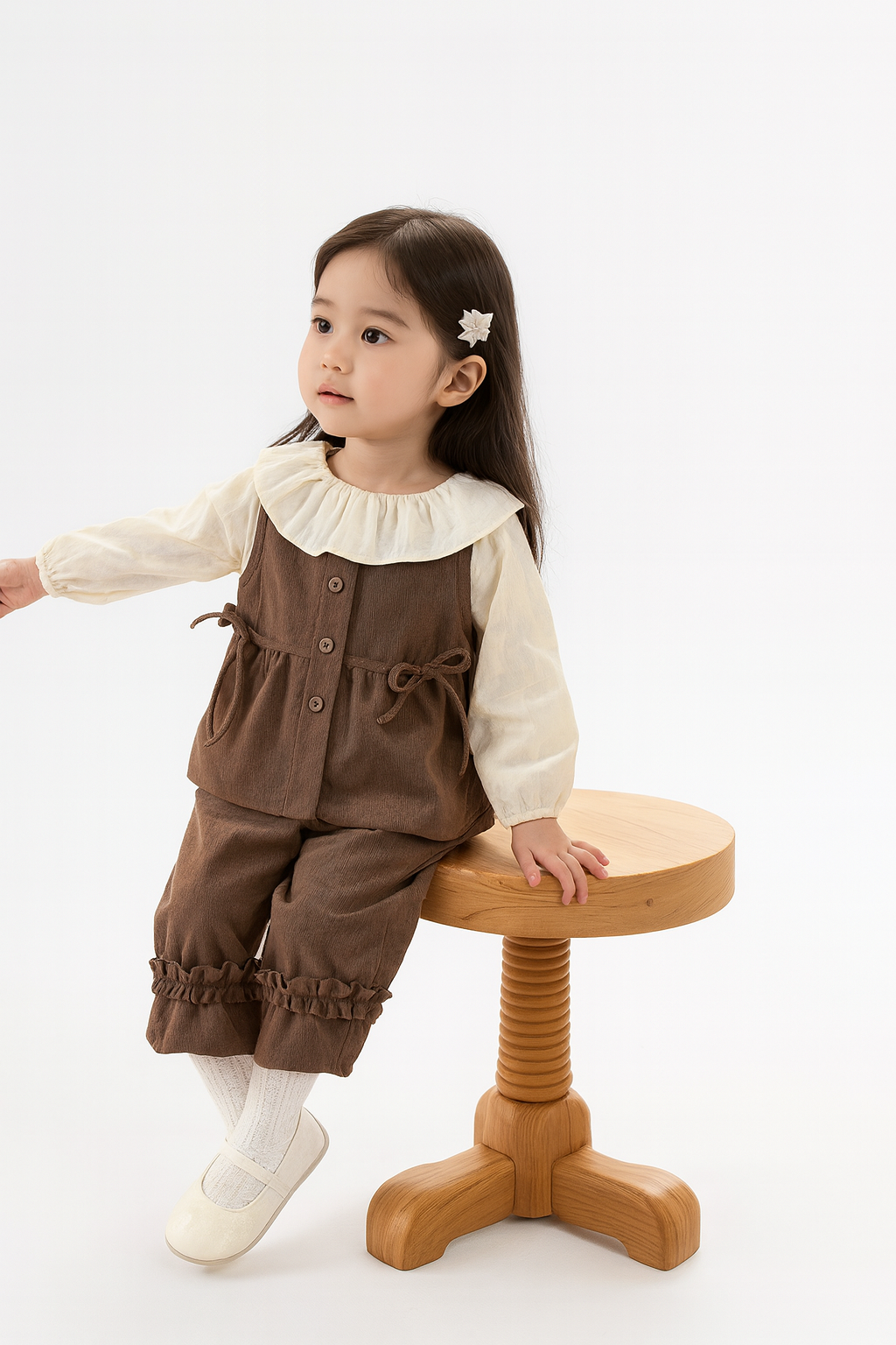 Ellenber Girls 3 Piece Party Wear Dress | Brown Dungaree with White Top & Pants | Stylish Birthday & Festive Outfit for Kids (2–6 Years) - Image 4