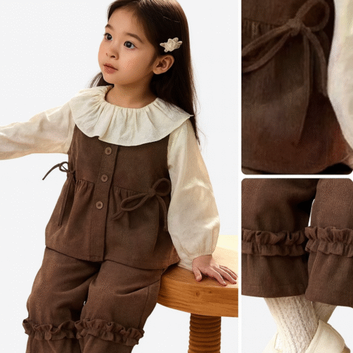 Ellenber Girls 3 Piece Party Wear Dress | Brown Dungaree with White Top & Pants | Stylish Birthday & Festive Outfit for Kids (2–6 Years)