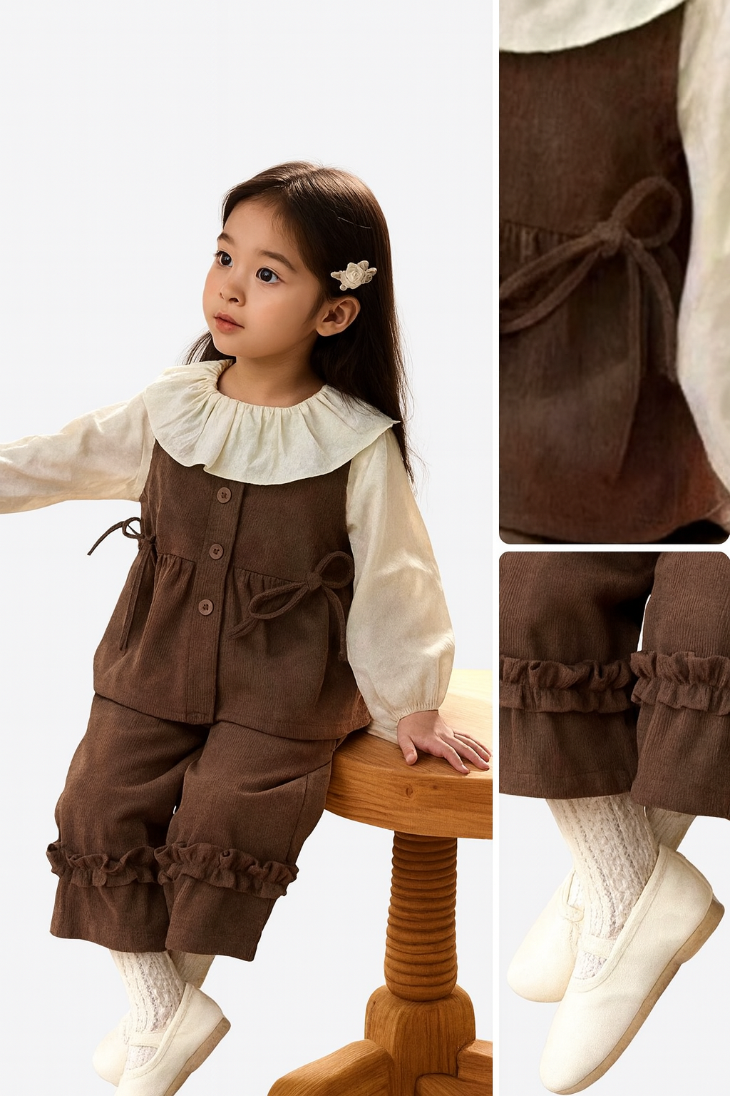 Ellenber Girls 3 Piece Party Wear Dress | Brown Dungaree with White Top & Pants | Stylish Birthday & Festive Outfit for Kids (2–6 Years) - Image 5