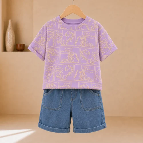 Boys Purple Outfit – Printed T-Shirt & Denim Shorts Summer Set | Ellenber