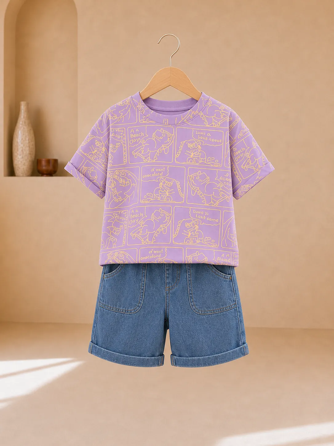 Boy wearing a purple dinosaur-print T-shirt and blue denim shorts