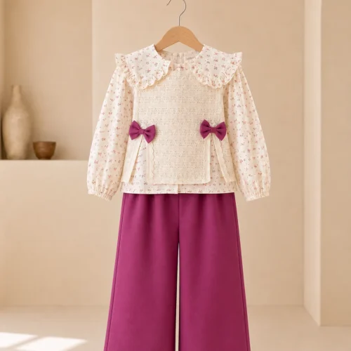 Girl wearing a three-piece floral top, lace jacket and magenta pants set