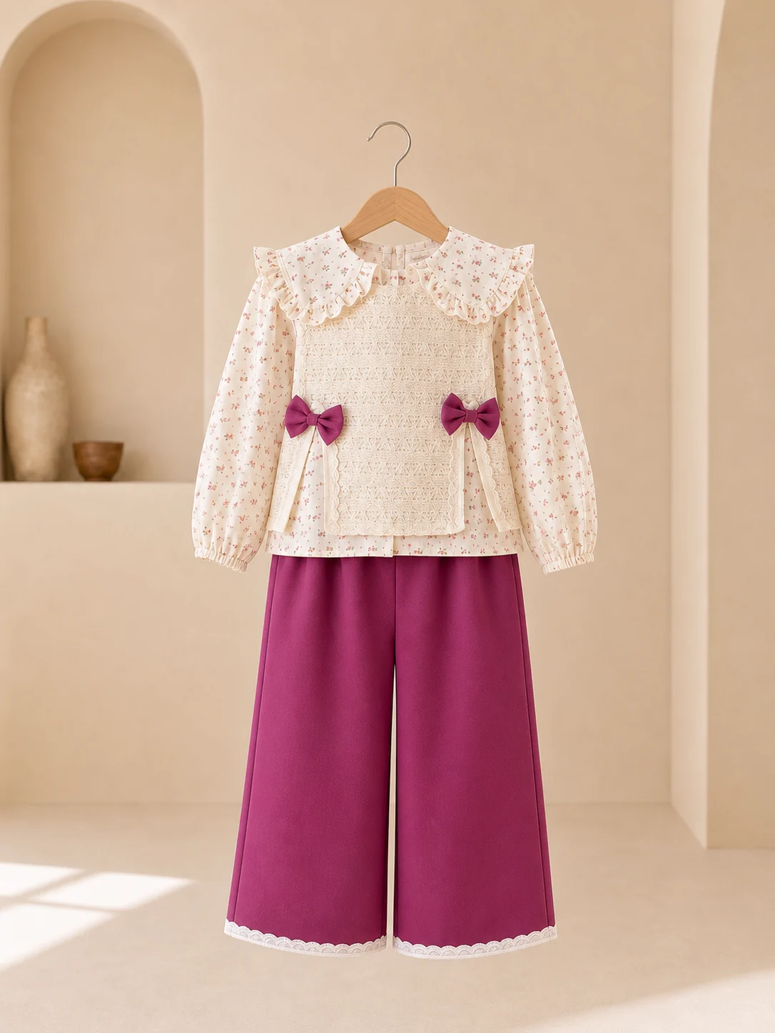 Girl wearing a three-piece floral top, lace jacket and magenta pants set