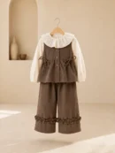 Girls brown three-piece co-ord set with cream blouse, vest and trousers