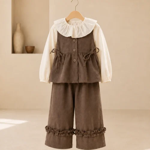 Ellenber Girls 3 Piece Party Wear Dress | Brown Dungaree with White Top & Pants | Stylish Birthday & Festive Outfit for Kids (2–6 Years)