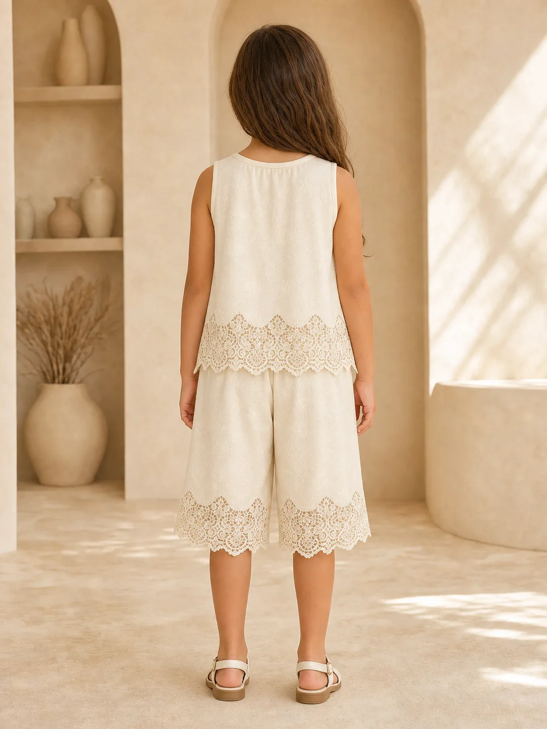 Girl wearing an ivory sleeveless lace top and full-length wide-leg pants set