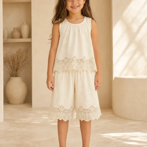 Ellenber Girls Party Wear Dress | Elegant Lace Embroidered Sleeveless Top & Palazzo Set  | Kids Fashion Outfit for 2–6 Years