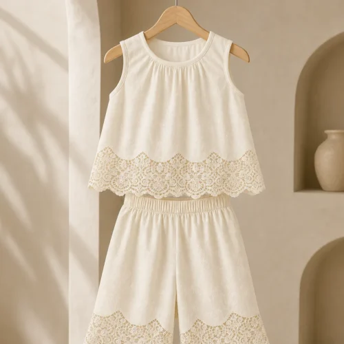 Girl wearing an ivory sleeveless lace top and full-length wide-leg pants set