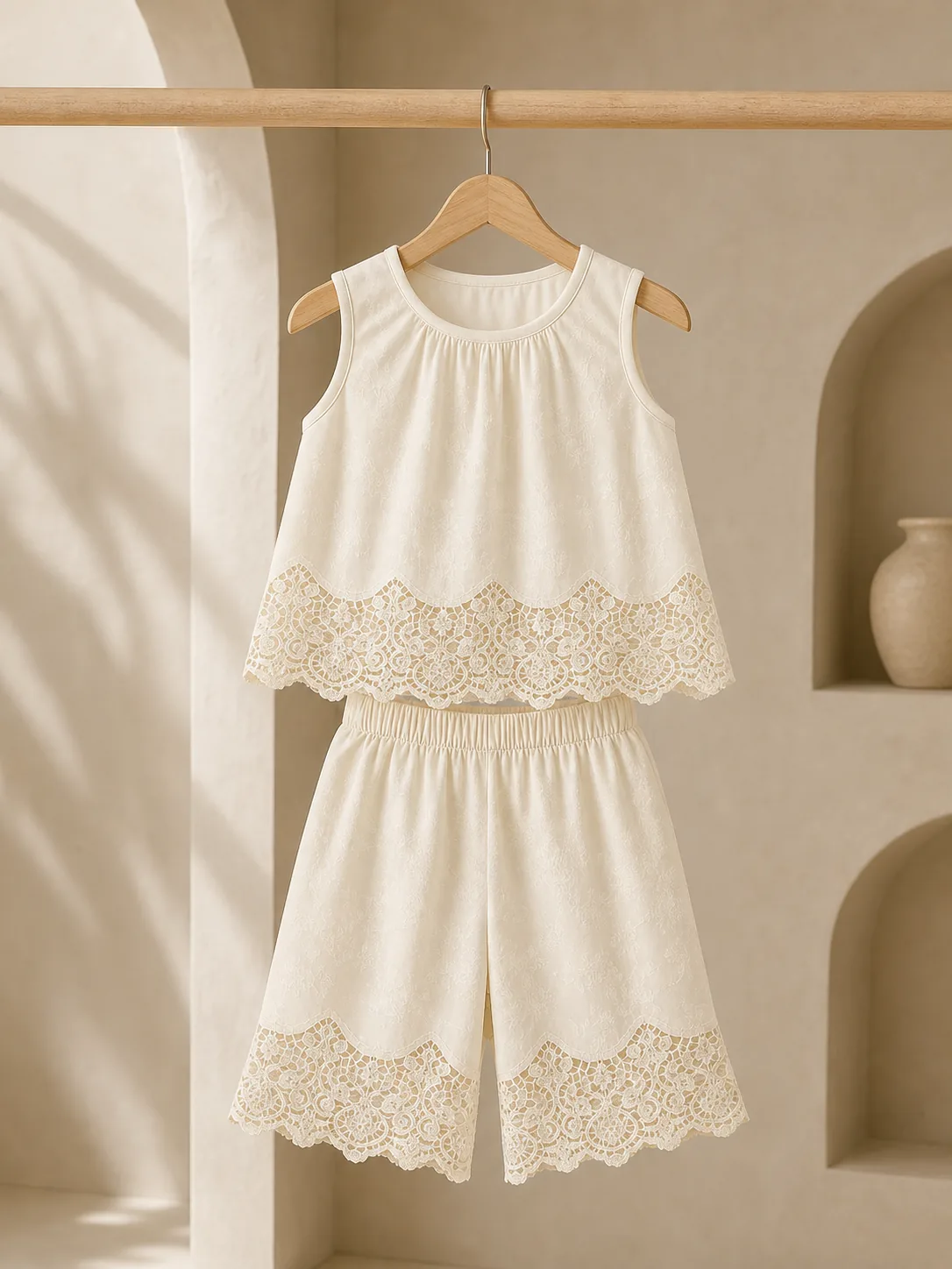 Girl wearing an ivory sleeveless lace top and full-length wide-leg pants set