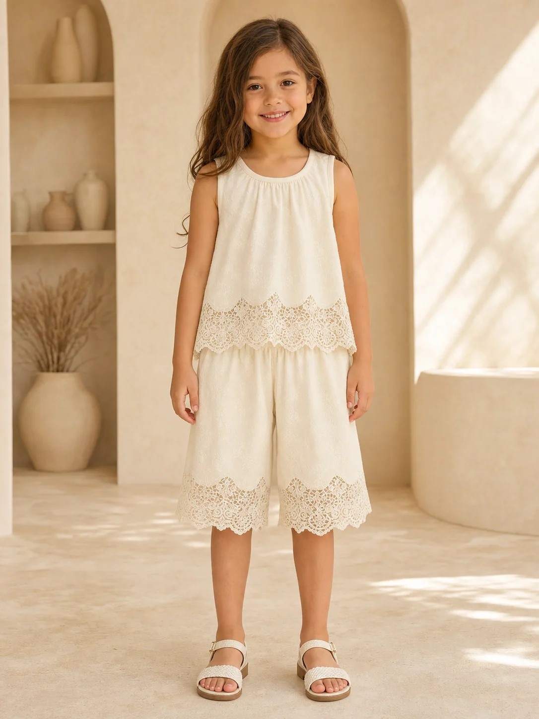 Girl wearing an ivory sleeveless lace top and full-length wide-leg pants set