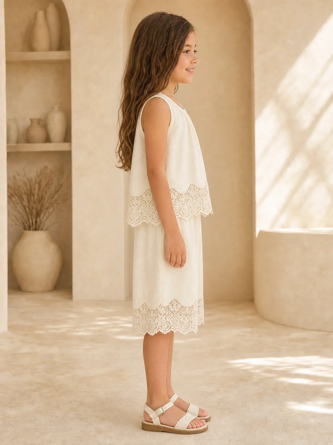 Girl wearing an ivory sleeveless lace top and full-length wide-leg pants set