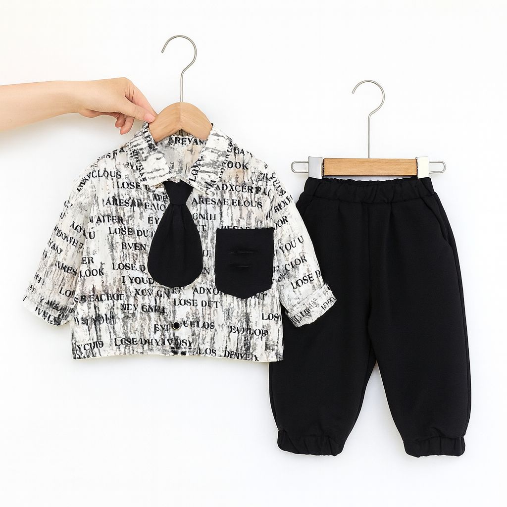 The "Mini Boss" Set: Trendy Baby Boy Black & White Graffiti Print Shirt with Tie & Trousers - Image 6