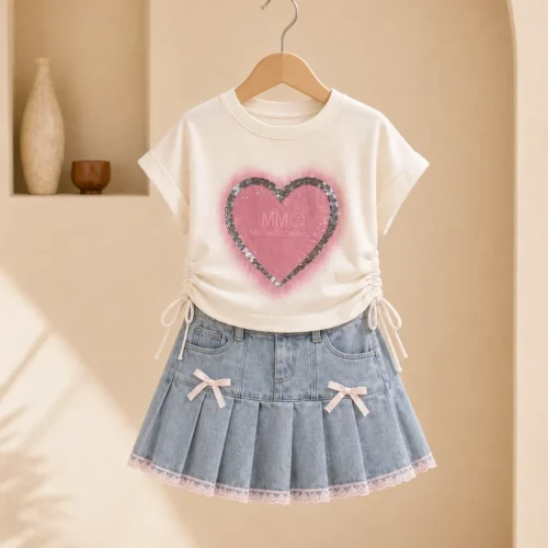 Girl wearing a white heart-print top and blue denim pleated skirt