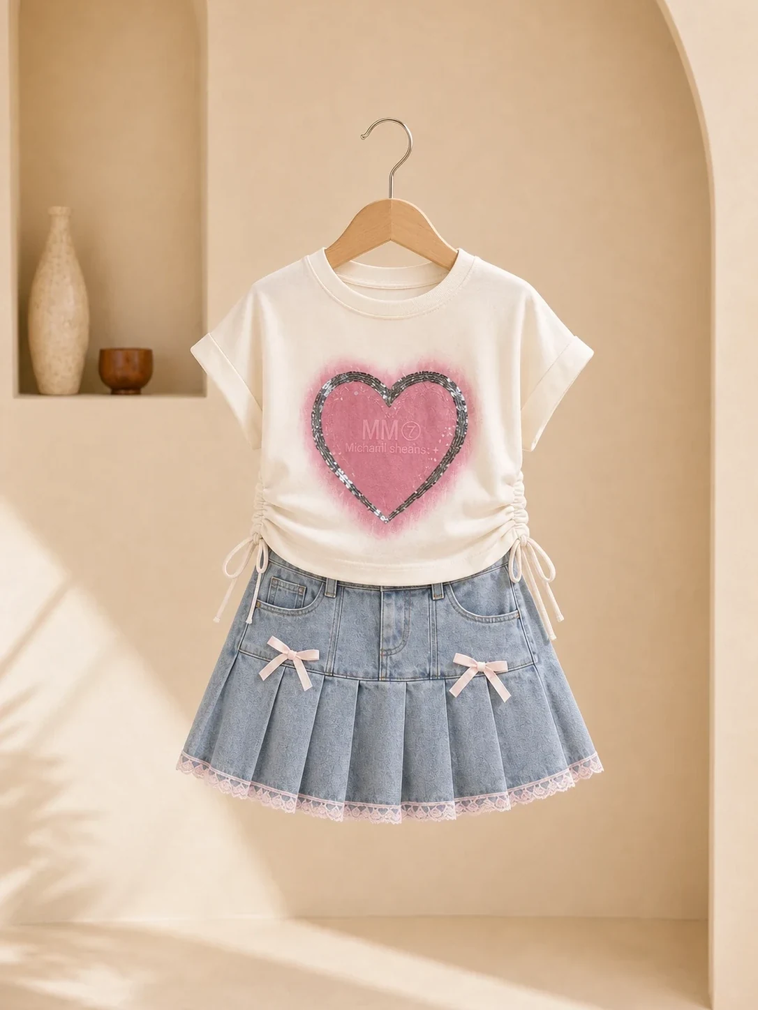 Girl wearing a white heart-print top and blue denim pleated skirt
