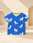 Boy wearing royal blue seagull print half sleeve t-shirt with yellow neckline