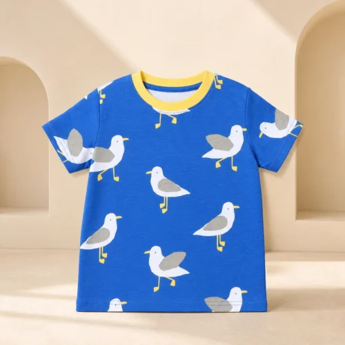 Boy wearing royal blue seagull print half sleeve t-shirt with yellow neckline
