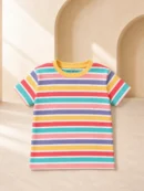 Child wearing multicolour rainbow stripe ribbed half sleeve t-shirt
