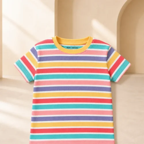 Child wearing multicolour rainbow stripe ribbed half sleeve t-shirt