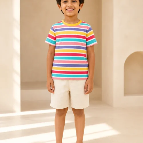 Ellenber Rainbow Stripe Ribbed Half Sleeve T-Shirt for Boys & Girls — Multicolour