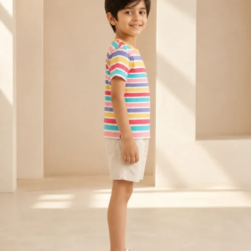 Ellenber Rainbow Stripe Ribbed Half Sleeve T-Shirt for Boys & Girls — Multicolour